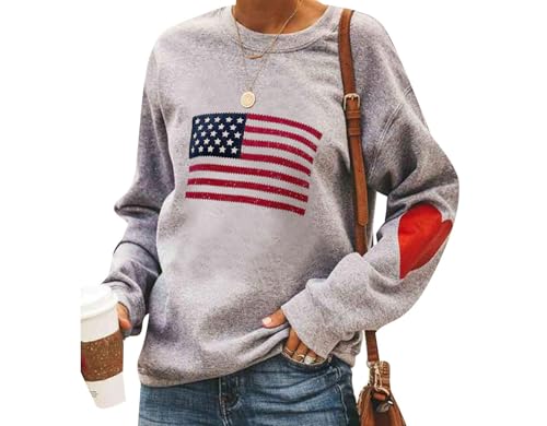 Women American Flag Sweater Vintage Print Long Sleeve Crew